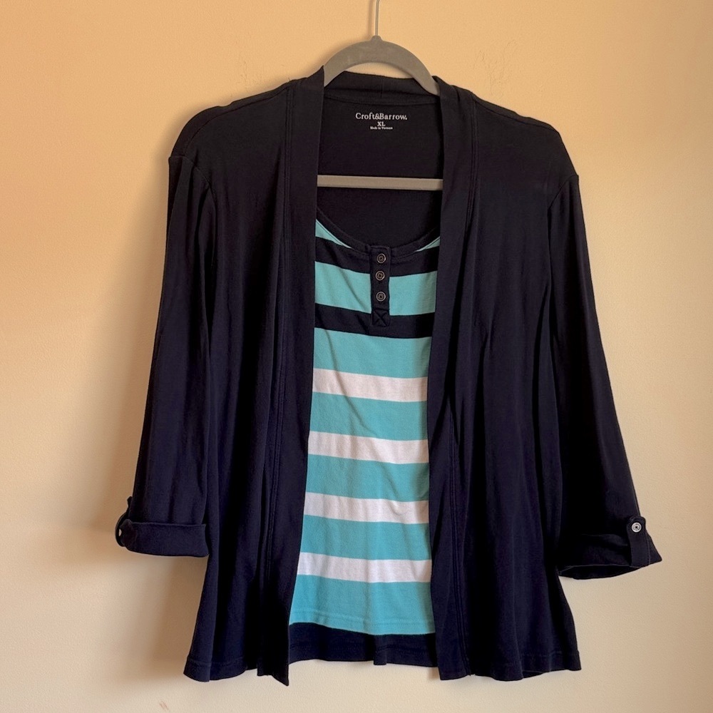 Croft & Barrow Women’s Deep Navy Cardigan Blouse 100% Cotton Size XL